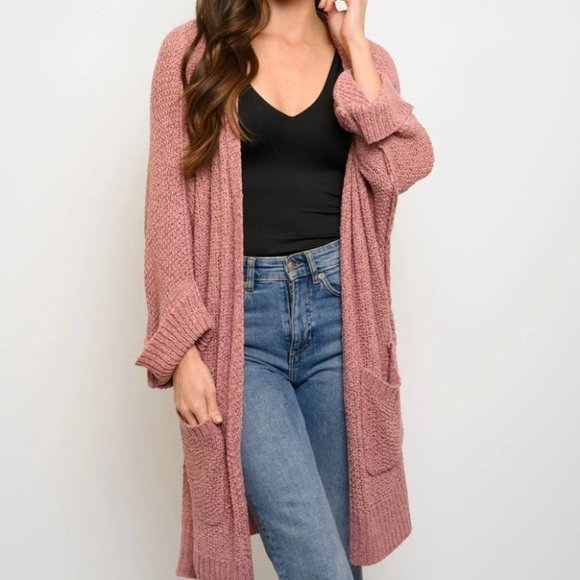 WOMEN'S LONG SLEEVE SIDE SLITS POCKETS CARDIGAN - Picture 1 of 4